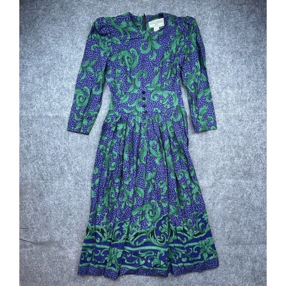 Jessica Howard Dresses & Skirts - Vintage Jessica Howard Petite Dress 6 Blue Green 80s Secretary Scroll Wasp Waist
